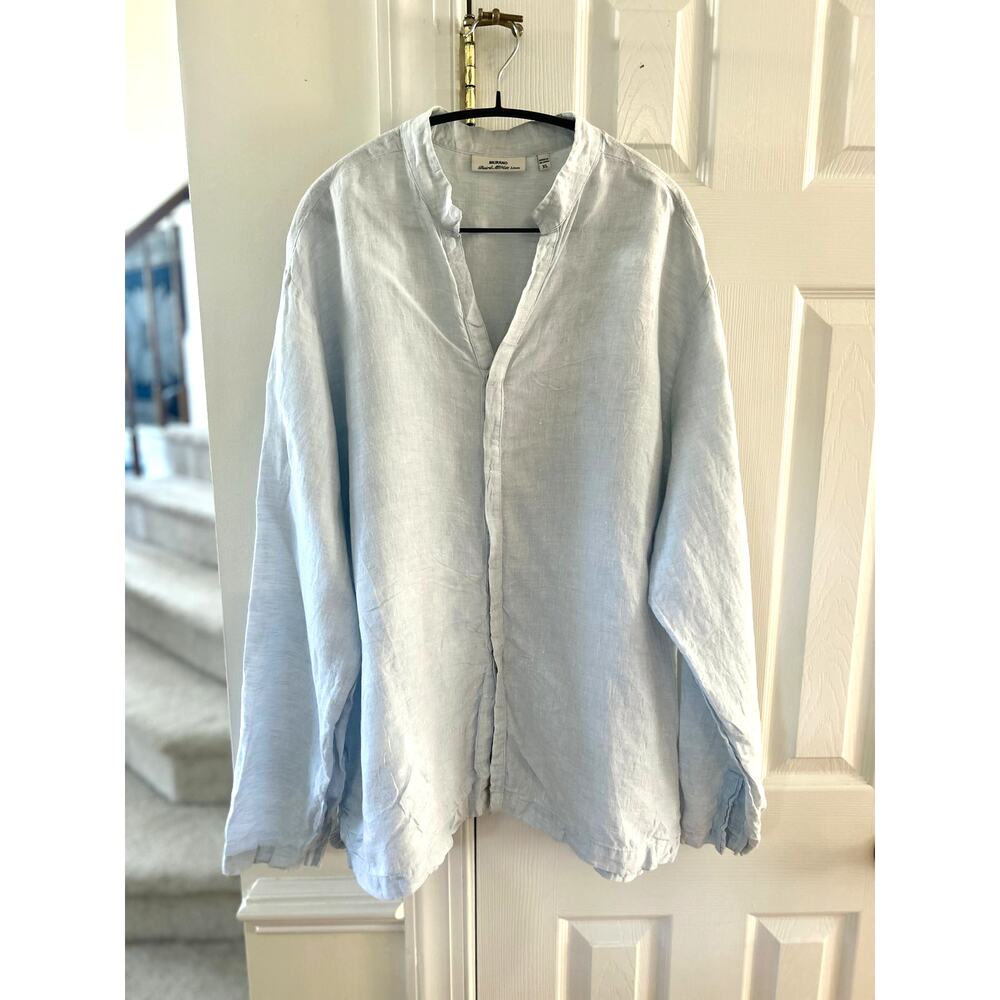 Baird McNutt Murano Light Blue Mandarin Collar Button Down Linen Long Sleeve